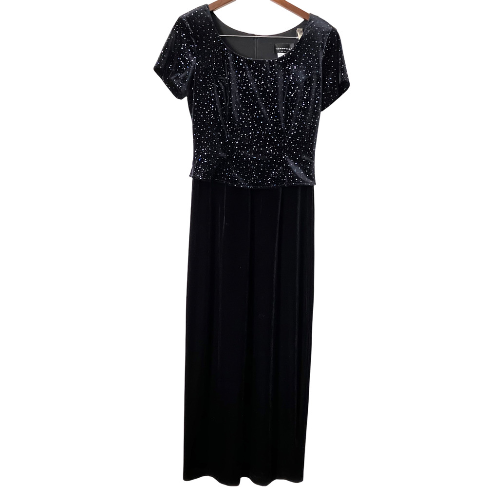 Vtg 90s Connected Apparel Black Velvet Glitter Maxi Dress Whimsigoth Size 8